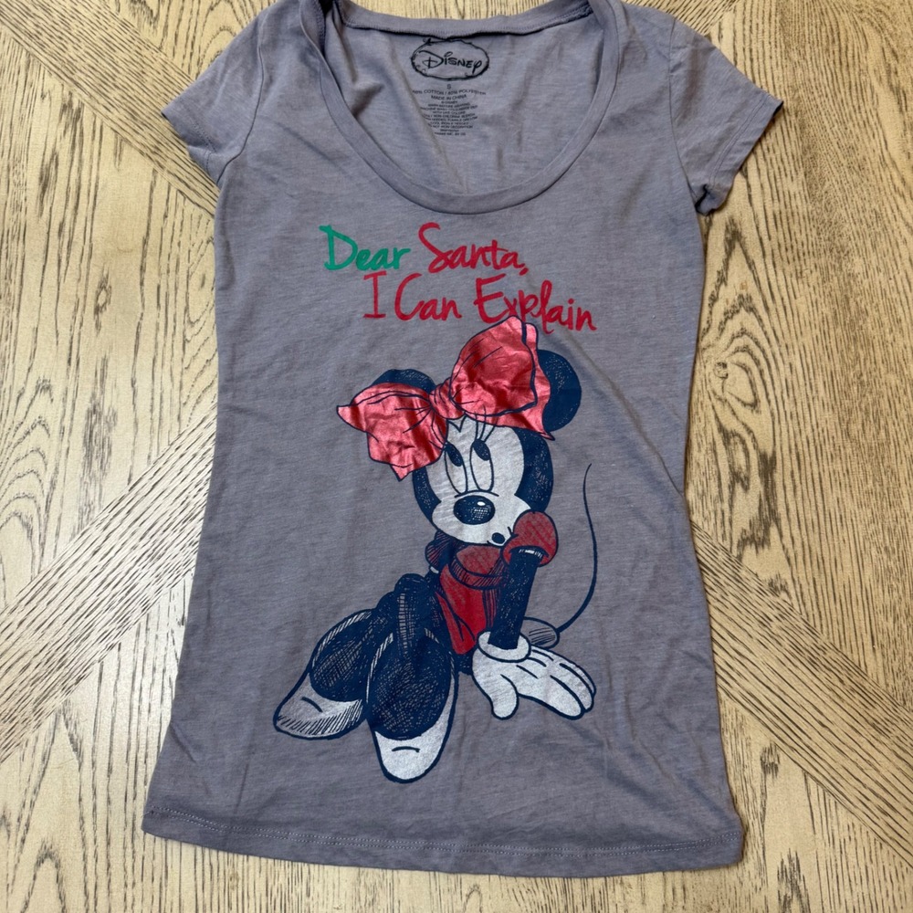 Disney Womens Small Gray Minnie Mouse Christmas Dear Santa I Can Explain Tee‎